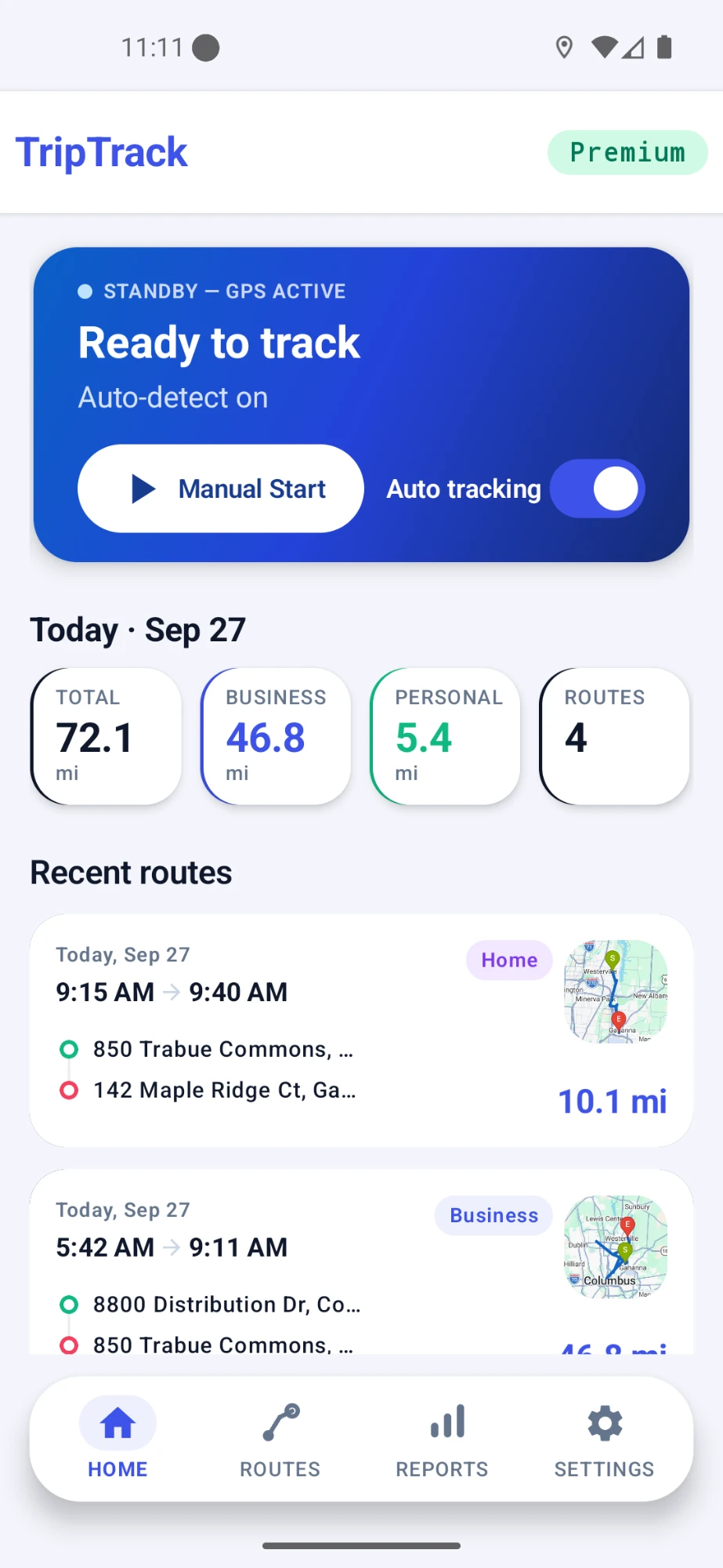 TripTrack mileage tracking home screen showing automatic tracking and recent routes