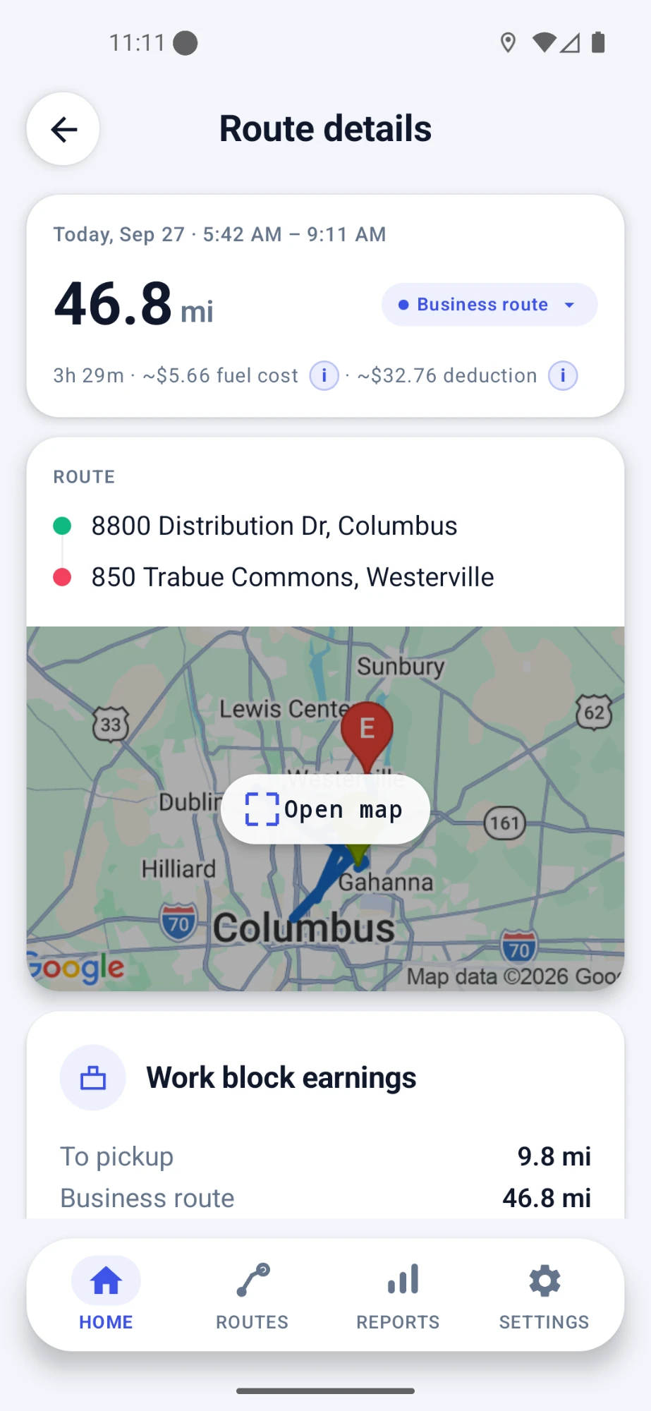 TripTrack route details screen showing mileage, route classification and map
