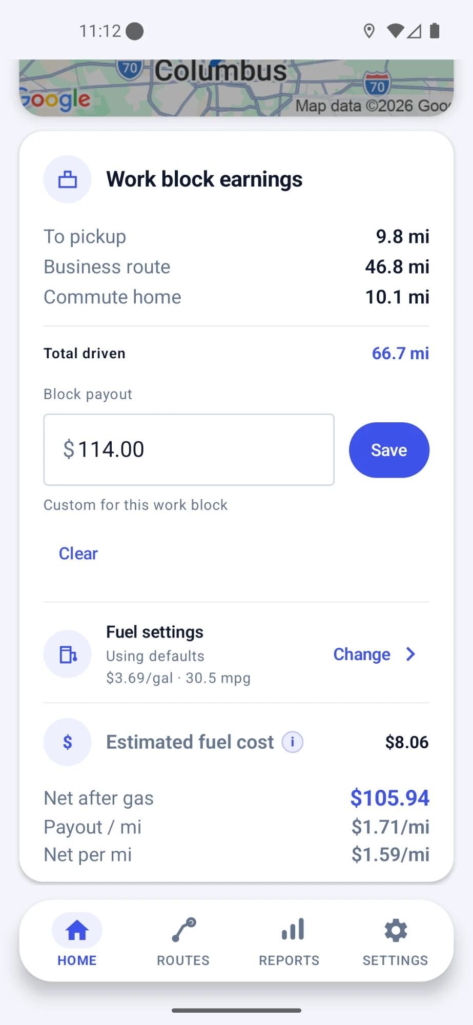 TripTrack work block screen showing mileage, payout, fuel cost, and trip details
